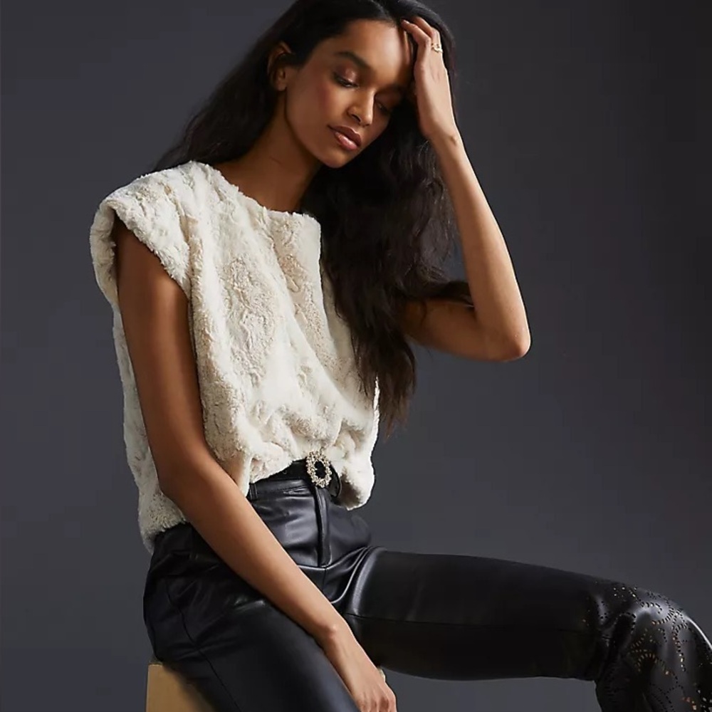 Maeve Faux Fur Top in Cream size Small Statement Luxe Anthropologie - Picture 11 of 15